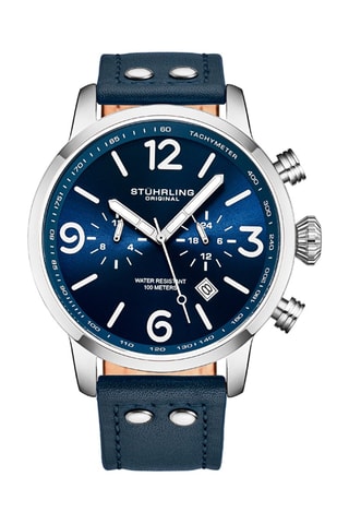 Montre à quartz en cuir - Tachymètre - Bleu marine et argenté