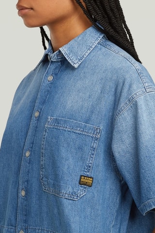 Vestito camicia in cotone biologico e jeans con coulisse Relaxed drawcord - Celeste