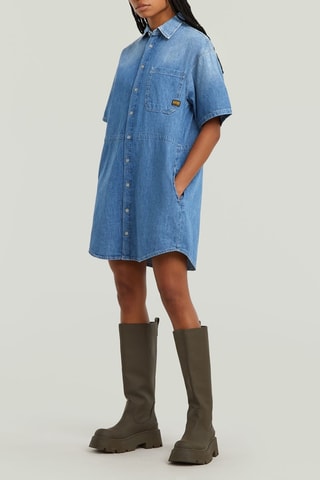 Vestito camicia in cotone biologico e jeans con coulisse Relaxed drawcord - Celeste