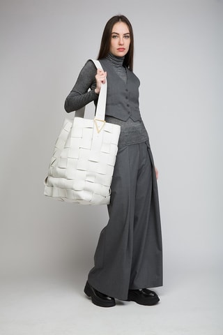 Mala bucket de couro de cordeiro Intreccio - Branco e dourado - Bottega Veneta