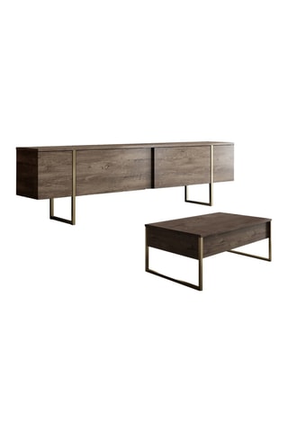 Meuble TV 2 portes et table basse - Imitation bois et doré