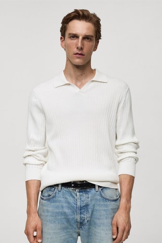 Pull-over polo maille fine côtelée - Blanc cassé