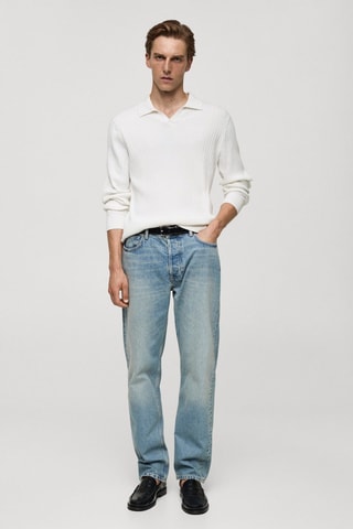 Pull-over polo maille fine côtelée - Blanc cassé