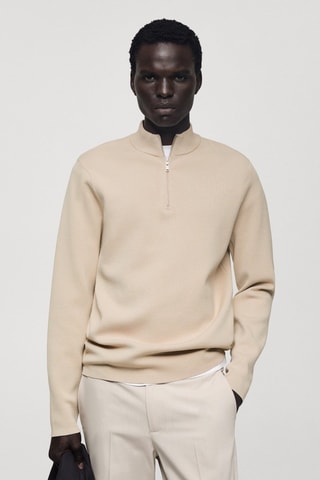 Pull-over maille moyenne col montant zippé - Beige