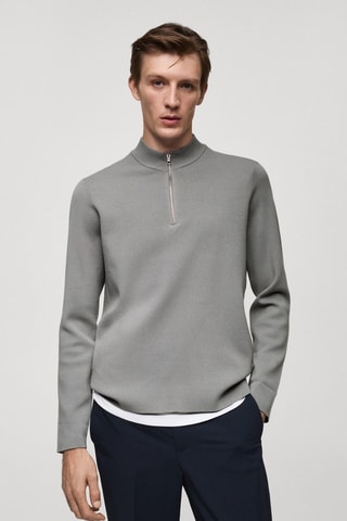 Pull-over maille moyenne col montant zippé - Gris