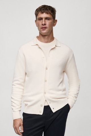 Cardigan laine maille côtelée - Blanc cassé