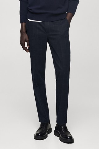 Pantalon slim fit à carreaux en coton - Bleu marine