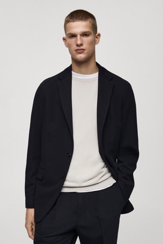 Slim-fit cotton micro-structured tailored jacket - Bleu marine