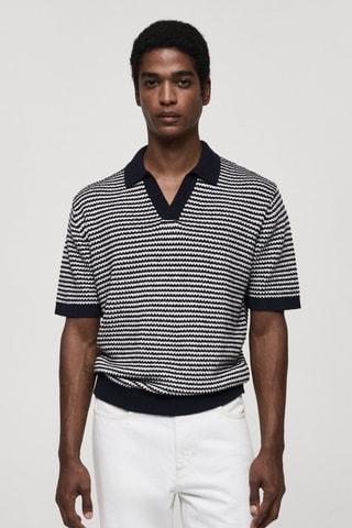 Polo maille rayures col contrasté - Bleu marine