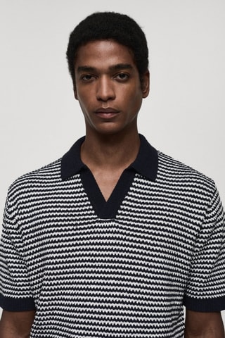 Polo maille rayures col contrasté - Bleu marine