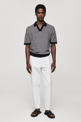 Polo maille rayures col contrasté - Bleu marine