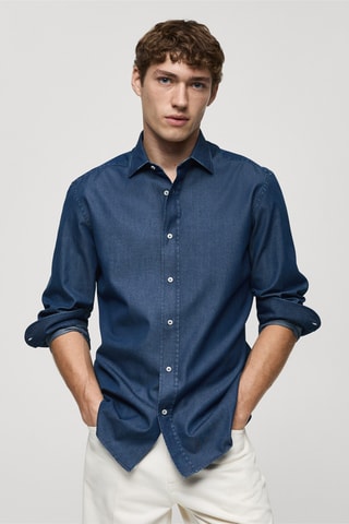 Chemise slim fit coton chambray - Bleu marine