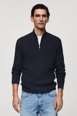 Pull-over maille côtelée col zippé - Bleu marine