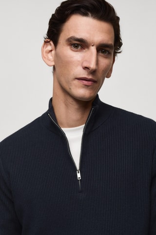 Pull-over maille côtelée col zippé - Bleu marine