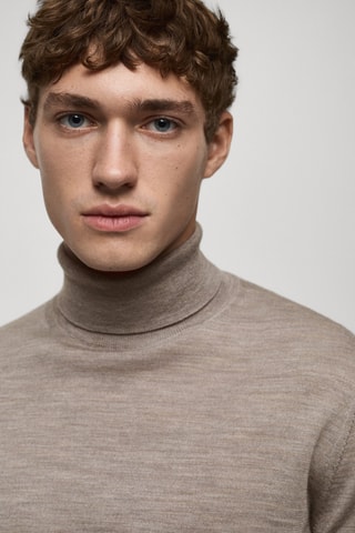 Pull-over 100 % laine mérinos col montant - Marron