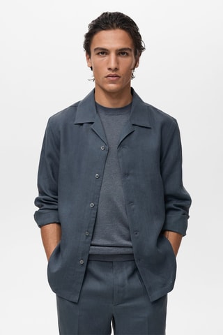 Chemise 100 % lin col bowling - Bleu pétrole