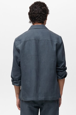 Chemise 100 % lin col bowling - Bleu pétrole