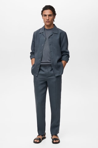 Chemise 100 % lin col bowling - Bleu pétrole