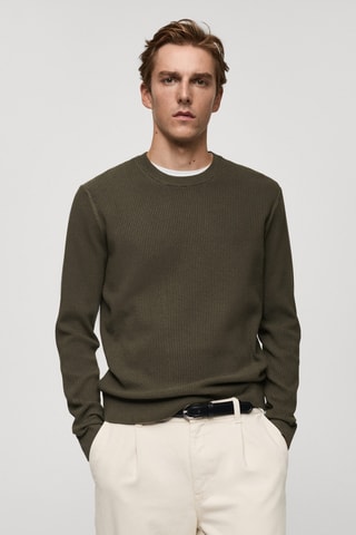 Pull coton maille fine côtelée - Kaki