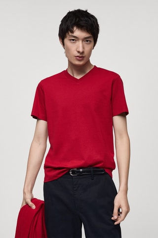 T-shirt 100 % coton col V slim-fit - Rouge