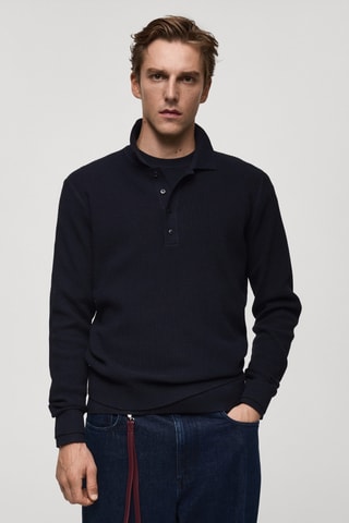 Pull-over polo coton mélangé maille côtelée - Bleu marine