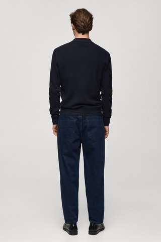 Pull-over polo coton mélangé maille côtelée - Bleu marine