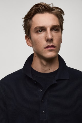 Pull-over polo coton mélangé maille côtelée - Bleu marine