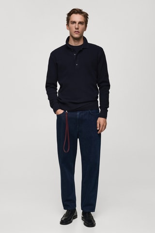 Pull-over polo coton mélangé maille côtelée - Bleu marine