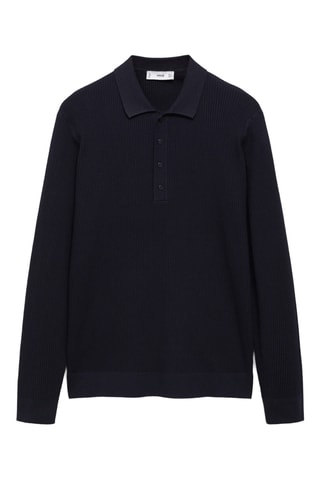 Pull-over polo coton mélangé maille côtelée - Bleu marine