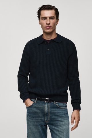 Pull-over col polo maille côtelée - Bleu marine