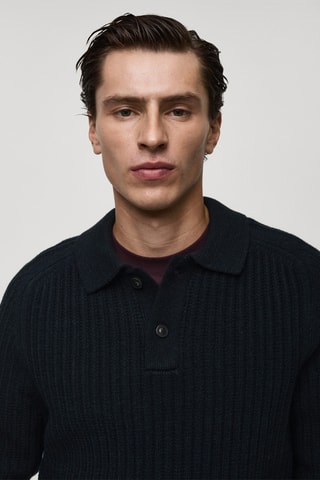 Pull-over col polo maille côtelée - Bleu marine