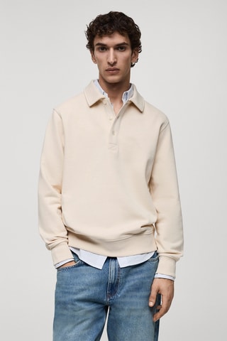 Sweat polo en coton gratté regular-fit - Ecru