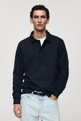 Sweat polo en coton gratté regular-fit - Bleu marine