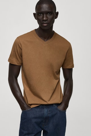 T-shirt col en V slim-fit 100 % coton - Marron