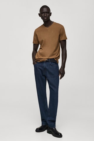 T-shirt col en V slim-fit 100 % coton - Marron