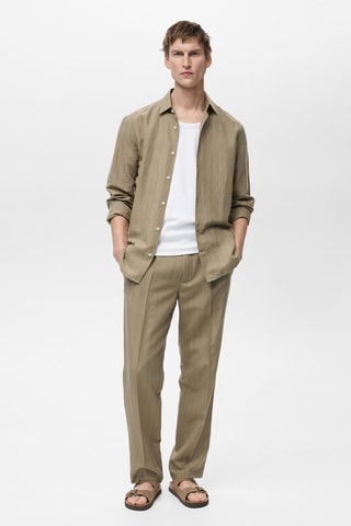 Pantalon lin fines rayures - Kaki