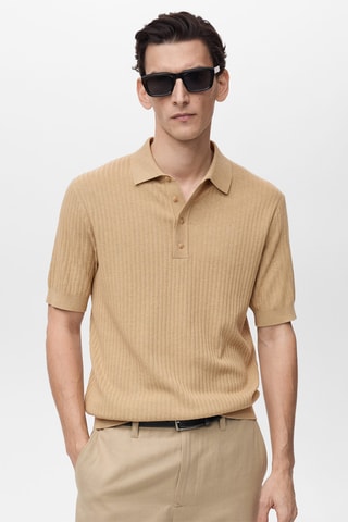 Polo coton mélangé maille côtelée - Beige