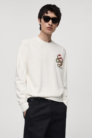 Sweat-shirt 100 % coton imprimé graphique poitrine - Blanc cassé