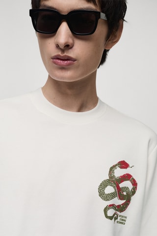 Sweat-shirt 100 % coton imprimé graphique poitrine - Blanc cassé