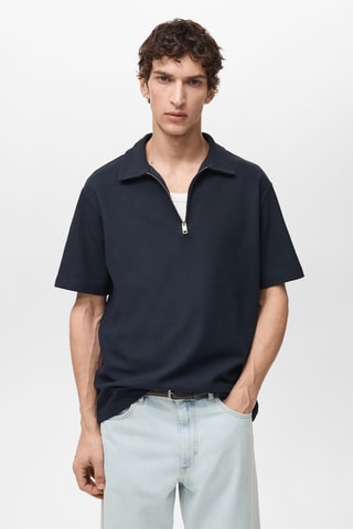 Polo structuré col zippé - Bleu marine