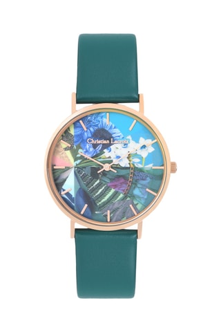 Reloj de cuarzo de piel Botanic rainbow - Verde oscuro y dorado