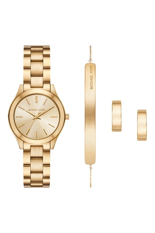 Cofanetto orologio al quarzo in acciaio, bracciale e orecchini 