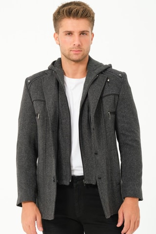 Manteau regular en laine à capuche - Gris