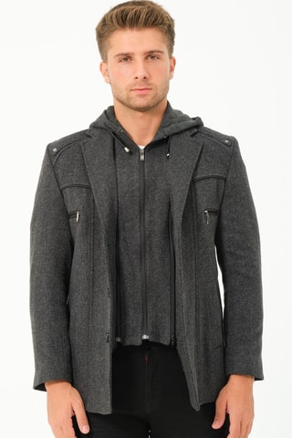 Manteau regular en laine à capuche - Gris