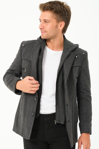 Manteau regular en laine à capuche - Gris