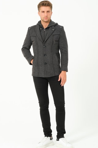 Manteau regular en laine à capuche - Gris