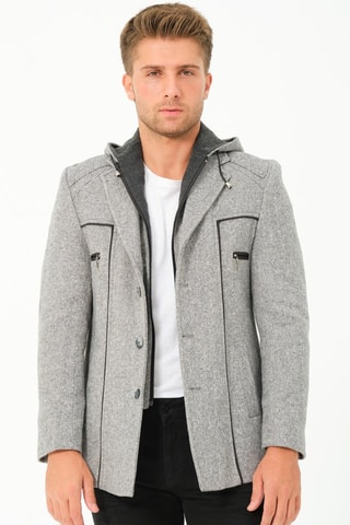 Manteau regular en laine à capuche - Gris