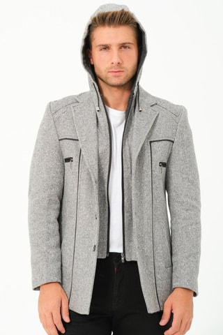 Manteau regular en laine à capuche - Gris