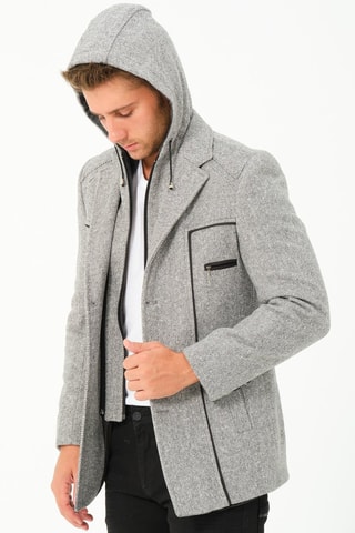 Manteau regular en laine à capuche - Gris