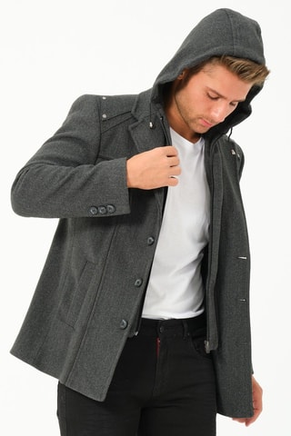 Manteau regular en laine à capuche - Gris